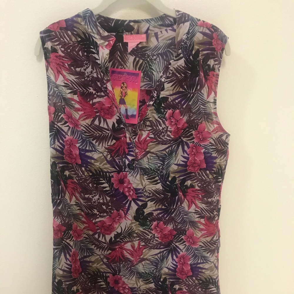 Fuchsia floral back slit hi-low sleeveless 1X NEW
